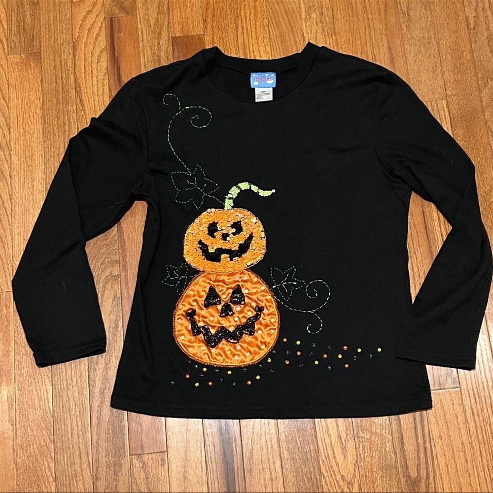 Black Halloween Pumpkin Long Sleeve Shirt sequins size Medium